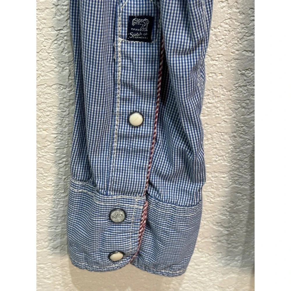 Scotch & Soda Mens Blue‎ Gingham Western Pearl Snap Shirt Graphic Back Large